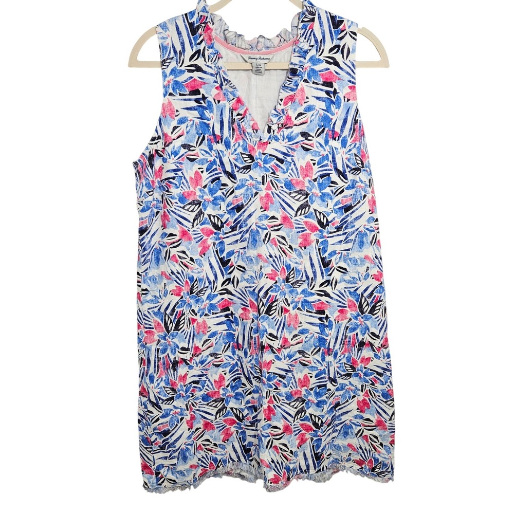 Tommy Bahama Womens 100% Linen Shift Dress Floral Ruffle Coastal Blue White L
